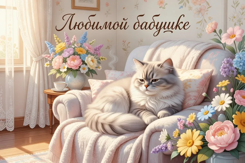 Открытка бабушке с котом, нарисовала Ира